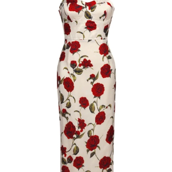 Retro Stage 1960s suspender pencil dress in red rose print - Picture 2 of 5